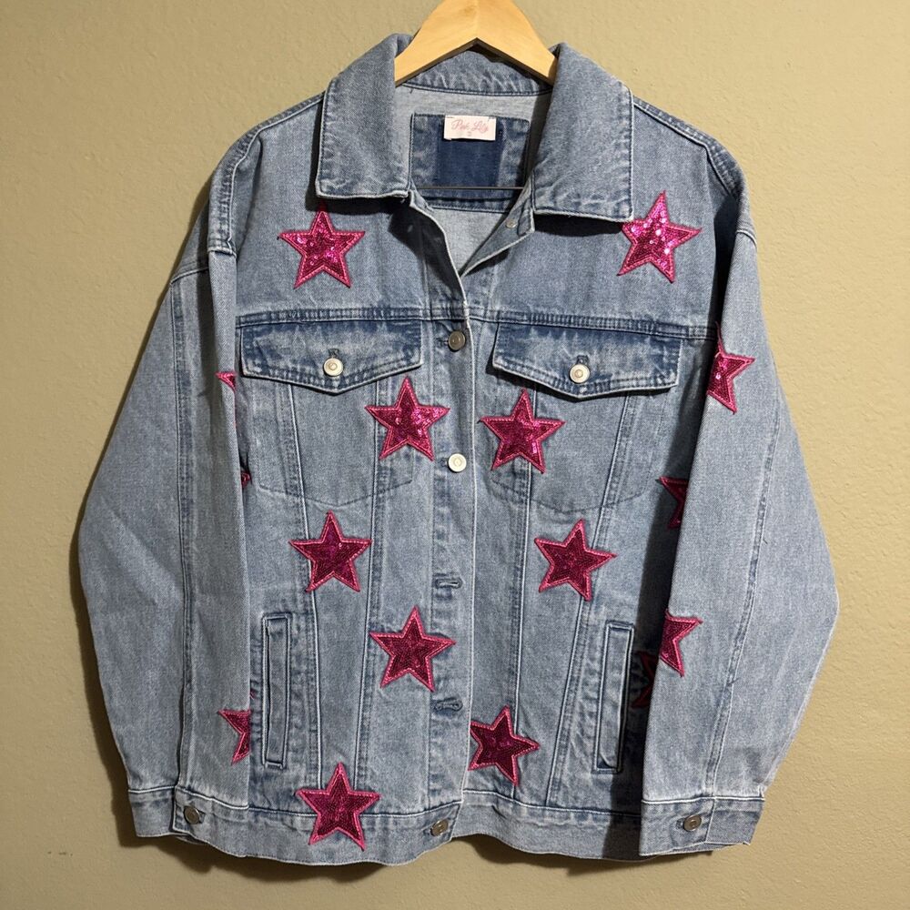 Women's Oversized Denim Jacket Pink Sequin Star Embellished Trucker Jacket Sz S